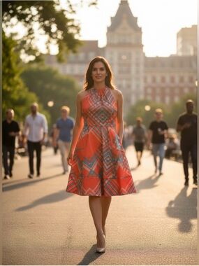 Jessica Simpson Halter Coral Geometric Midi Dress